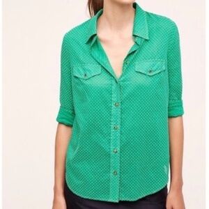 Anthropologie Maeve Polka Dot Print Button Down Shirt 0 Womens Green White XS